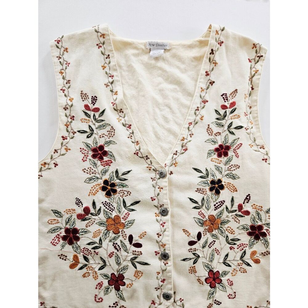 Vintage New Direction Floral Embroidered Ribbed Corduroy Cotton Button Up Vest M - Picture 9 of 12